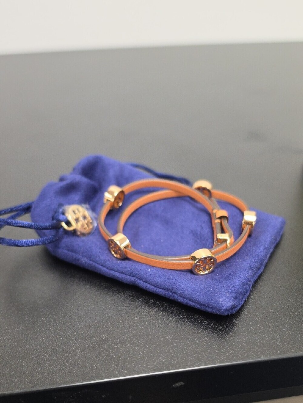 Tory Burch Tan Leather Double Wrap Bracelet with Gold Logo Discs - Picture 3 of 3